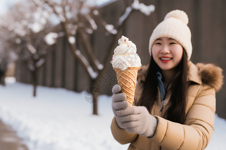 表情冰淇淋冬季户外吃冰淇淋的女孩背景