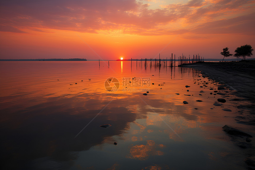 夕阳倾泻湖泊余晖图片