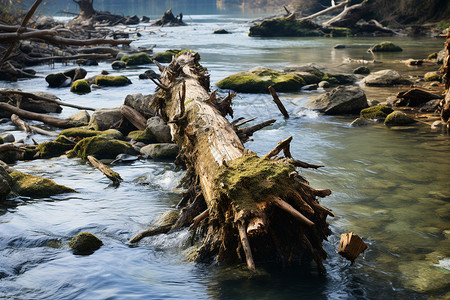 自然灾害损坏的树木河流高清图片