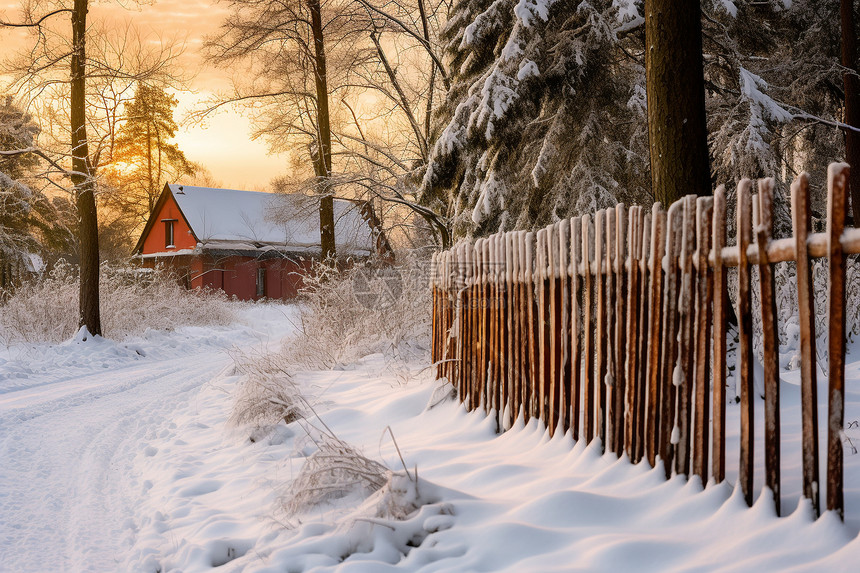 冬季白雪覆盖的丛林木屋图片