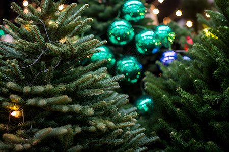 挂有灯光的圣诞树背景图片