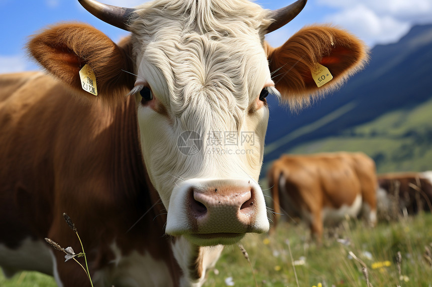 山脉草地上的一头牛图片