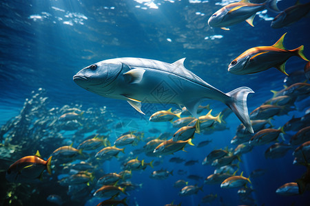热带鱼类蓝色海洋中的奇妙生活背景
