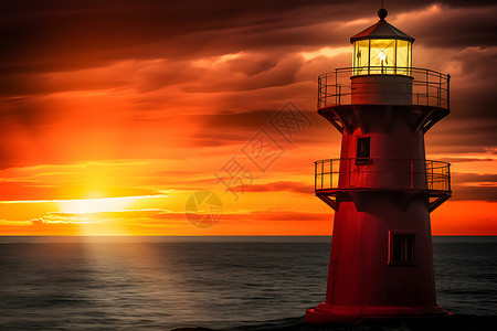 夕阳下海边的一座红色灯塔背景图片