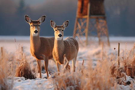 雪地中的两只小鹿背景图片