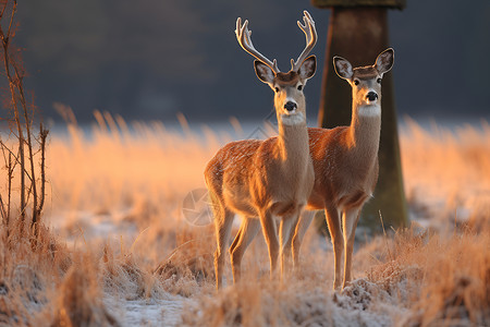 冬季田野冬天中的两只梅花鹿背景