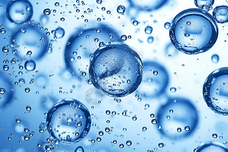 透明气泡上涌水泡飘浮在蓝色背景上背景