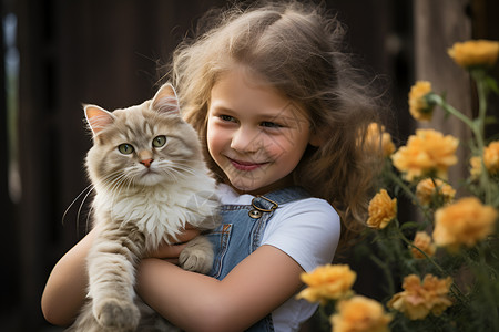女孩与小猫合影背景图片