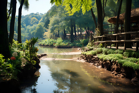 公园中的河流和木栅栏背景图片