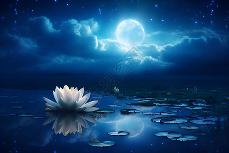 远离水域夜晚水面上的白莲花设计图片