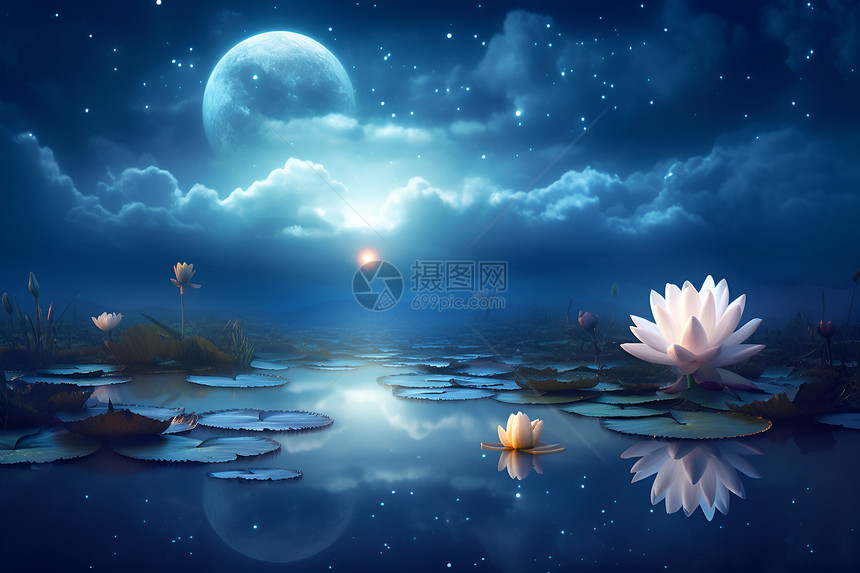 夜晚池塘中的莲花图片
