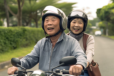 骑着摩托车的老年夫妇背景图片