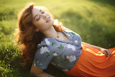 草坪上躺着闭着眼睛微笑的女子高清图片