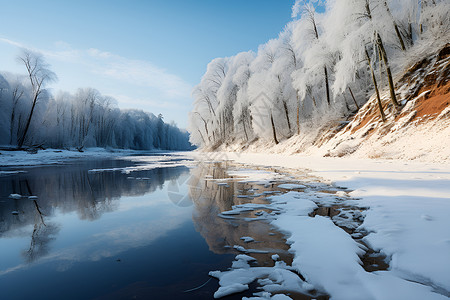 冬季白雪覆盖的丛林河流景观背景图片