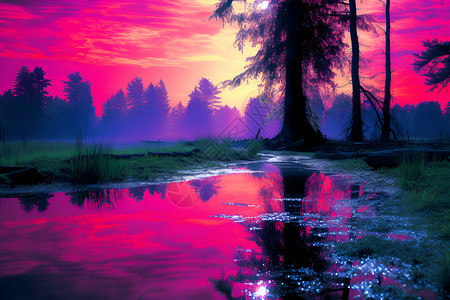 河畔夕阳的静谧画境设计图片