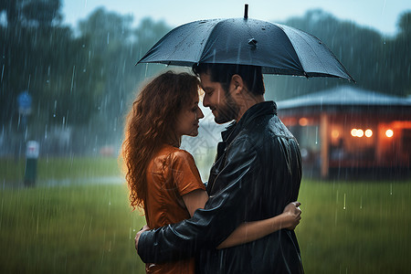雨中情侣雨中相依的年轻情侣背景