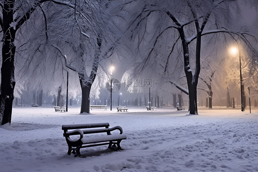 冬夜中的公园长椅图片