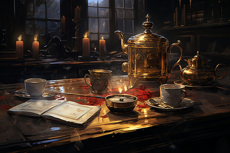 桌子上的茶具和书本背景图片