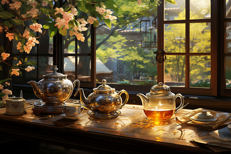 玻璃壶桌面上的茶壶插画