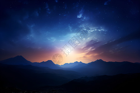 山间夕阳中闪烁的星空背景图片