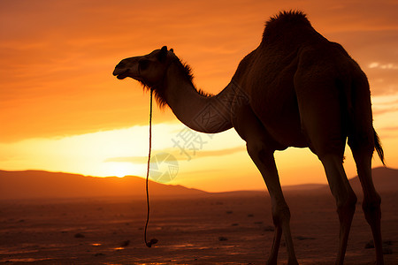 夕阳下一头骆驼在沙漠中高清图片