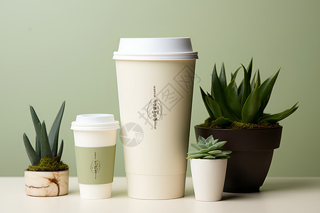 咖啡纸杯绿植旁一杯咖啡背景