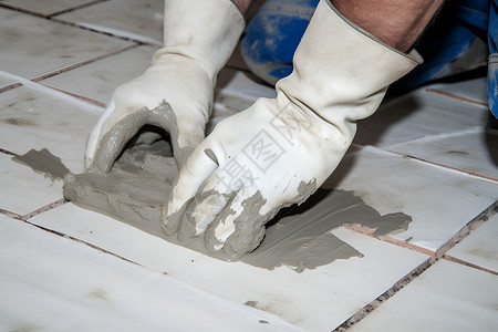 东布里瓷砖工人手戴手套背景
