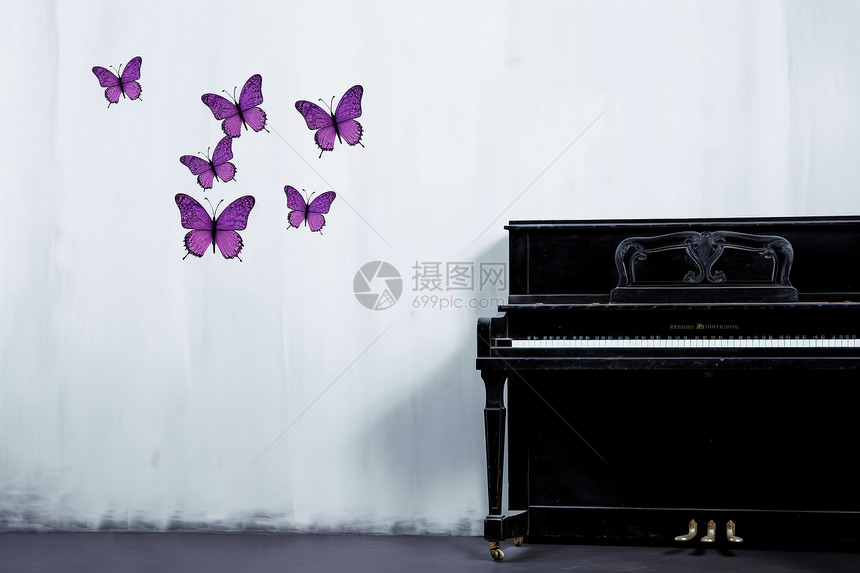 室内的钢琴和蝴蝶图片