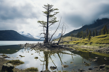 湖畔孤树背景图片