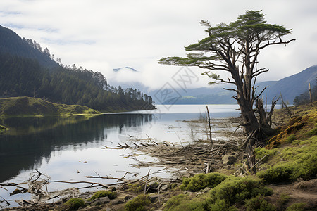 湖畔的树木背景图片