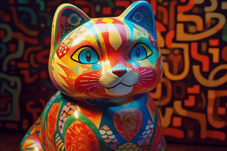 行为艺术猫咪桌面上彩色小猫雕塑背景