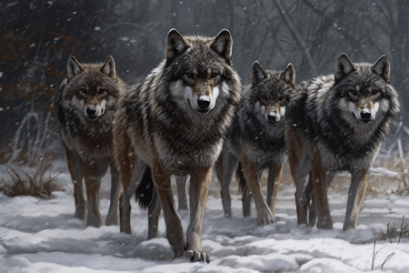 狼群素材雪地里凶猛的狼群插画