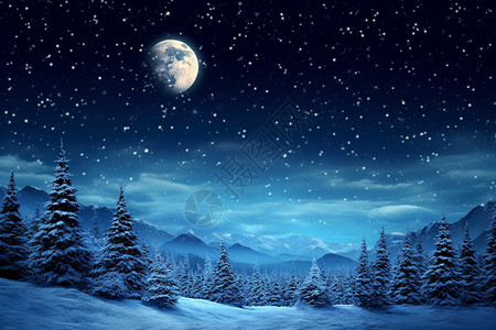 月光森林天空下的雪中林间背景