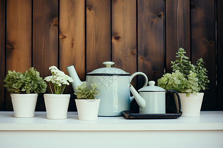 绿植和茶壶背景图片