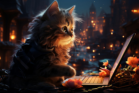 猫咪和电脑背景图片