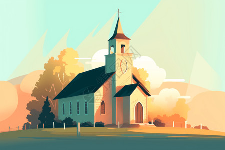 教堂尖顶阳光下的房子插画