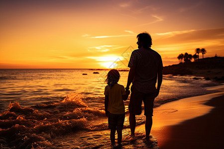 夕阳余晖下沙滩散步的父女背景