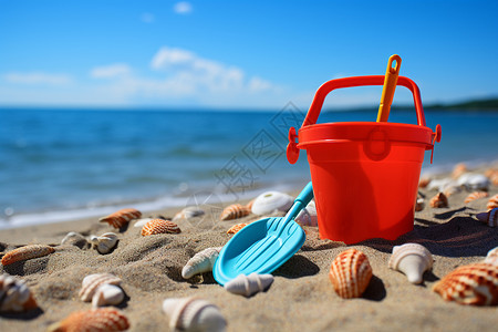 海边玩沙儿童乐趣的沙滩玩具桶背景