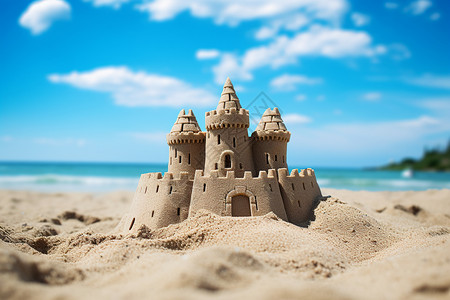夏季旅游的孩子沙滩上的沙堡背景