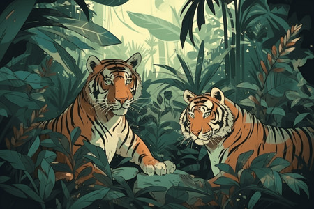 可怕丛林中凶猛的老虎插画