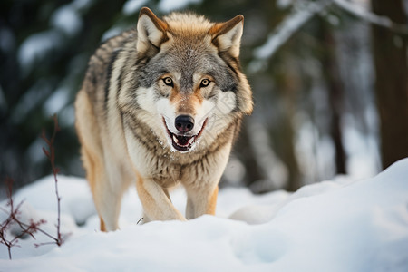 冬季雪地中的孤狼背景图片