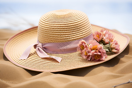 沙滩上的女士草帽背景图片