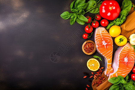 餐桌上的各种食物和蔬菜背景图片