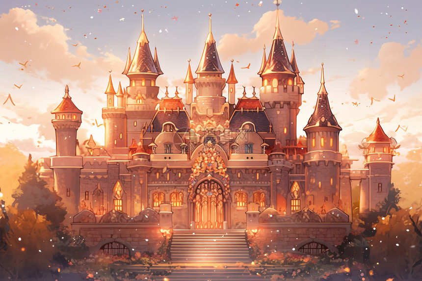 卡通风格的童话城堡插图图片