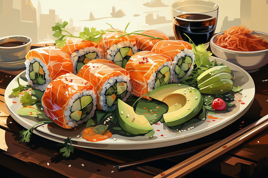 丰盛餐饮的三文鱼寿司图片