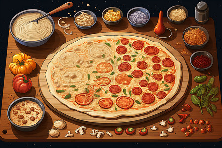 意大利艺术新鲜烘焙的意大利披萨插画