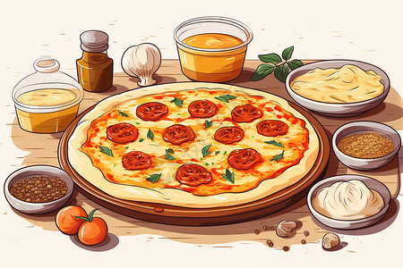 意大利艺术餐桌上的意大利披萨插画