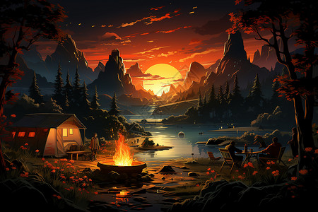 夜幕下的家庭露营烧烤背景图片