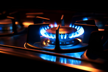 火焰蓝深夜厨房的蓝火暖炉背景