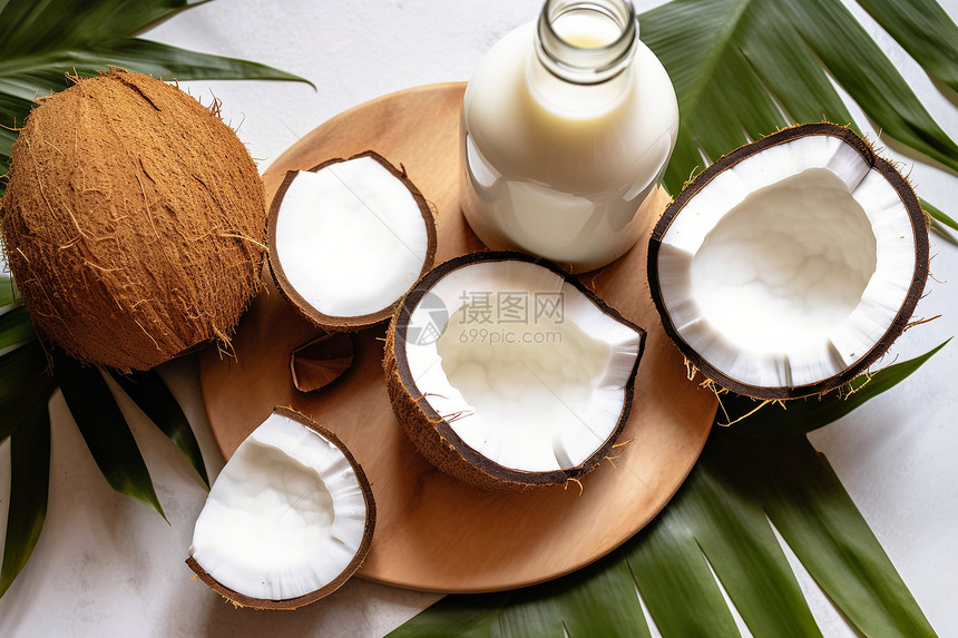 椰子牛奶与椰子果肉图片